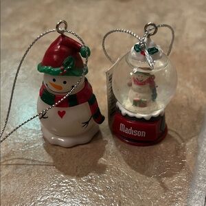 Lot of 2 Snowmen Lighted and Snow Globe Small Ornaments 2" each